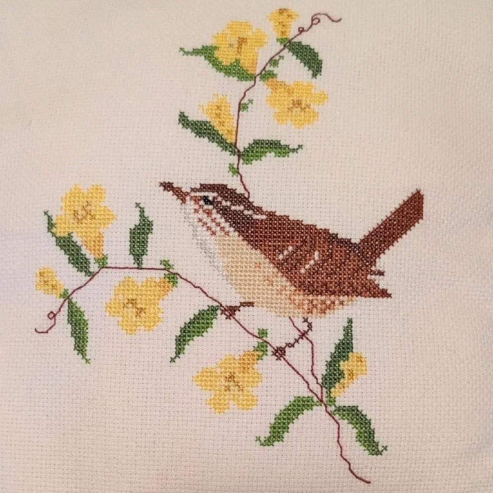 Handmade Cross Stitch Bird and Floral Accent Throw Pillow Vintage